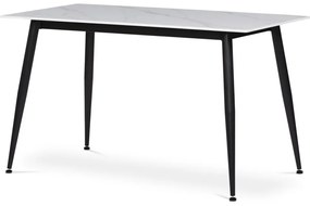 Masă albă cu efect de marmură, cu blat din ceramică, picioare din metal negru. Dimensiuni: 130x70 cm. HT-403M.