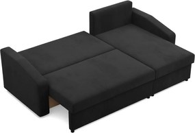 Zeus sarokkanapé, 2 ágyneműtartóval, döntött kartámasz, szövet anyag, univerzális oldal, hab töltet, fekete