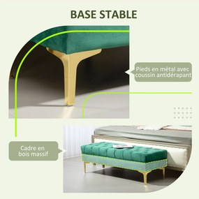 HOMCOM Klasszikus Chic Stílusú Gombtalpas Kárpitozott Ágyvégi Pad Arany Fém Lábakkal, Zöld Bársony - 118L x 45W x 42H cm | Aosom