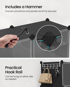 Összekapcsolható cipőtartó, 10 rekeszes műanyag cipőszekrény, fekete