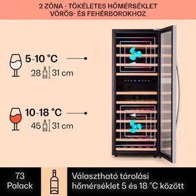 Klarstein Vinamour 73 Duo, borhűtő, 192 liter, 73 palack, 5 -18 °C, 2 zóna, érintésvezérlés