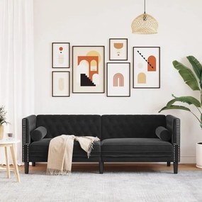 3 személyes fekete bársony Chesterfield kanapé hengerpárnákkal