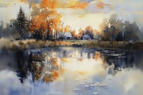 Fotótapéta Flizelina Falu Alföld Tó Napnyugta 416x254 ragasztó