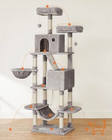 Macska kaparófa, többszintes, pihenőkosárral, szürke 60x50x206cm