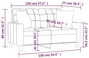 2 személyes krémszínű műbőr kanapé díszpárnákkal 120 cm