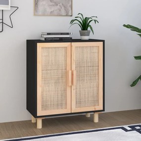 fekete tömör fenyő/természetes rattan tálalószekrény 60x30x70cm