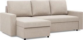 Zeus sarokkanapé, 2 ágyneműtartóval, egyenes kartámasz, bársony, univerzális oldal, hab töltet, bézs