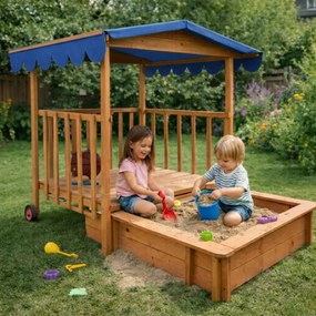 HAPPY verandás homokozó, 130x130x143cm, barna/kék Jurhan