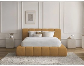 Mustársárga kárpitozott ágyneműtartós franciaágy ágyráccsal 140x190 cm Denali – Bobochic Paris