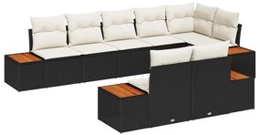 8 darabos Kerti Kanapé Szett Párnákkal Fekete Poly Rattan Akác