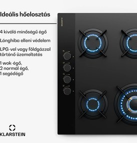 Klarstein Goldflame Nano gáz főzőlap, 4 sárgaréz égő, Nano bevonat, LPG/földgáz