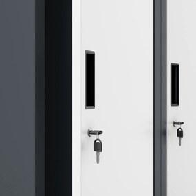 Pléh öltözőszekrény talpazaton, kétmodulos, polccal és köztes fallal KACPER, 800 x 1800 x 500 mm, antracit-fehér