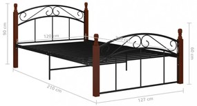 fekete fém és tömör tölgyfa ágykeret 120 x 200 cm