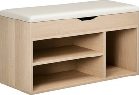 HOMCOM Helytakarékos Párnázott Cipőszekrény, Cipőtároló Szekrény 3 Rekesszel, PU Bőr Ülőfelülettel, Nappaliba és Folyosóra, 80x30x43 cm, Fa Szín | Aos