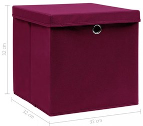 4 db sötétpiros szövet tárolódoboz fedéllel 32 x 32 x 32 cm