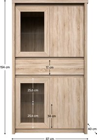 Vitrines szekrény, DTD laminált, tölgy sonoma, NORTY TYP 7