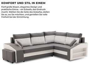 Grande sarokkanapé polcokkal és puffokkal , polc a jobb karfaban puffok a bal karfaban, jobboldali, szövet anyag, bonell töltet, szürke - fehér