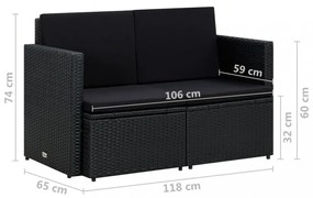 vidaXL fekete kétszemélyes polyrattan kerti kanapé párnákkal