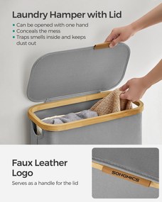 Fedeles mosókosár, 65L, levehető hálós bélés, bambusz fogantyúk, galambszürke