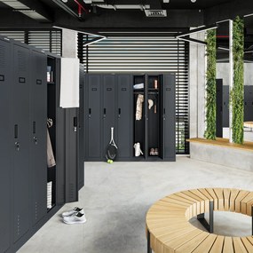 Pléh öltözőszekrény talpazaton, négymodulos, polcokkal KACPER II, 600 x 1800 x 500 mm, antracit