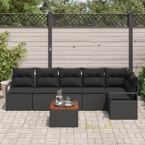 7 darabos kertibútor szett párnákkal fekete poli rattan akác, 2 személyes kertibútor tárolóval és párnákkal fekete poli rattan