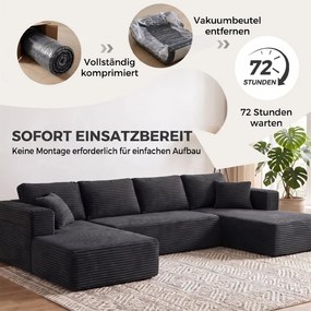 HOMCOM Moduláris U-alakú kanapé 2 heverővel, kordbársony kanapéágy nagy sűrűségű habbal és rugós kárpitozással, sötétszürke