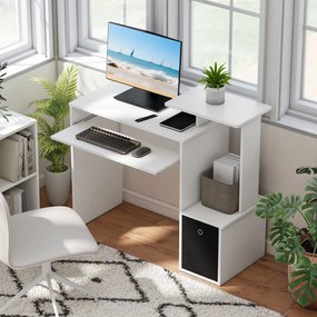 HOMCOM Multimedia Számítógép Íróasztal Polcokkal, Billentyűzet Tálcával és Kosárral, Fekete Forgácslap Fehér | Aosom