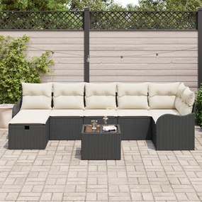 8 darabos kertkanapé szett párnákkal fekete poli rattan, 2 üléses kertkanapé tárolóval és párnákkal fekete poli rattan