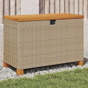 Bézs polyrattan és akácfa kerti tárolóláda 80 x 40 x 48 cm