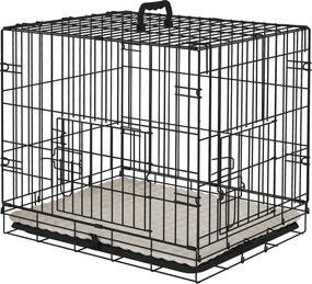 PawHut Kisméretű Kutya Ketrec Párnával, 2 Ajtóval, Levehető Tálcával és Fém Rácsos Váz 60x40x50 cm Fekete és Bézs | Aosom