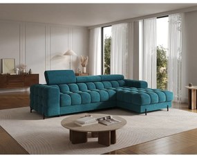 Kék buklé kinyitható-tárolóhelyes sarokkanapé (jobb oldali-heverő résszel) Felro – ELTAP