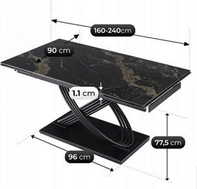 Kihúzható kerámia étkezőasztal 160–240 cm méretben, fekete színben IBIZA