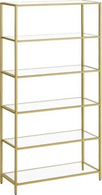 Könyvespolc, 6 szintes üvegpolc fém kerettel, arany színű