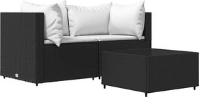 vidaXL 3 részes fekete polyrattan kerti ülőgarnitúra párnákkal
