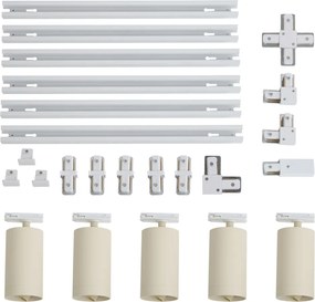 Modern sínrendszer 5 spotlámpával, fehér és bézs színben, 1 fázisú GU10 70mm - Iconic Jeana Luxe