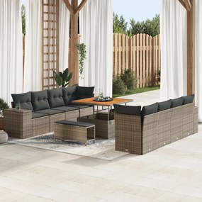 11 darabos kerti kanapészett párnákkal szürke poli rattan akác, 3 darabos kerti étkező szett párnákkal szürke poli rattan akác