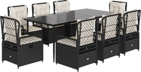 vidaXL 9 részes fekete polyrattan kerti étkezőgarnitúra párnákkal