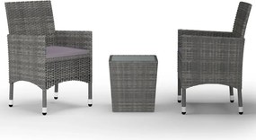 vidaXL 3 részes szürke polyrattan és edzett üveg bisztrószett
