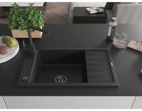 Mexen Elias, gránit mosogató gránit 795x480x200 mm, 1 kamrás, fekete fekete szifonnal és fekete Rita mosogató csapteleppel, 6511-77-670300-70-B