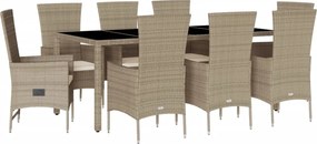 vidaXL 9 részes bézs polyrattan kerti étkezőgarnitúra párnákkal