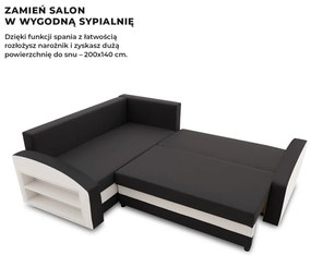 Grande sarokkanapé polcokkal , polc a bal karfaban, baloldali, szövet anyag, bonell töltet, fekete - fehér