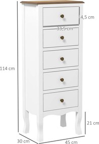 HOMCOM 5-Fiókos Komód, Kompakt Tárolóegység, Fehér Szin Brass Hatású Gombfogantyúval, Hálószobába, Előtérbe, Nappaliba, méret: 45L x 30W x 114H cm | A
