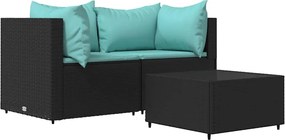 vidaXL 3 részes fekete polyrattan kerti ülőgarnitúra párnákkal