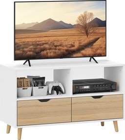HOMCOM TV Szekrény 2 Polccal és Fiókkal, 99 cm hosszú TV Állvány a Nappaliba, Fehér, 99 x 39 x 58.3 cm | Aosom