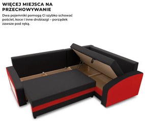 Grande sarokkanapé polcokkal , polc a bal karfaban, jobboldali, szövet anyag, bonell töltet, fekete - piros