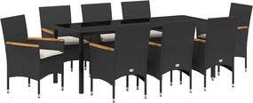 vidaXL Kert étkező szett párnával 9 pcs Fekete polirattan