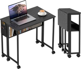 HOMCOM Téroptimalizáló Összecsukható Asztal, Kis Asztal Fékes Kerekekkel, Polc és Tároló Zseb, Összecsukható Számítógép Asztal Otthonra, Tanulmányhoz