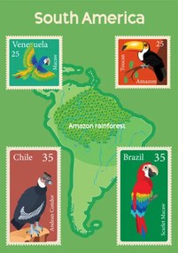 Illusztráció South America Map and Tropical Birds Stamps, drmakkoy