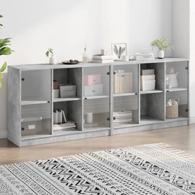 betonszürke szerelt fa könyvespolc ajtókkal 204x37x75 cm