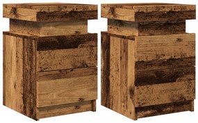 2 db antik fa színű szerelt fa LED-es éjjeliszekrény 35x39x55cm